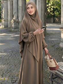 Modest Abaya Two‑Piece Set, Bubble Long Sleeve Maxi Dress With Matching Hijab, Casual Loose Muslim Women Outfit - Multicolor - View 4