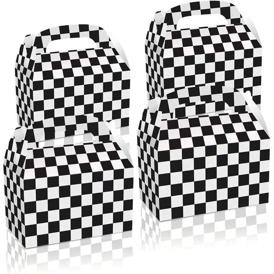 12pcs Black & White Checkered Gift Boxes, Racing Theme Party Snack Boxes, Party Favor Boxes, DIY Gift Bags, Triangle Snack Boxes With Handles, Suitable For Birthday Party Decor, Halloween, Christmas Decor, Racing Flag Birthday, Baby Shower And Kids Party Decor - A - View 1
