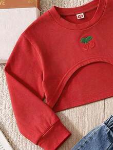Girls' Front Short Back Long Cherry Embroidered Cover-Up, Minimalist Matching Color Camisole And Pleated Cherry Embroidered Fashion Denim Mini Skirt - Red - View 3