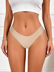 3pcs Seamless Thong Panties Breathable And Comfortable High Elasticity Solid Color Women's Underwear Quick Dry Suitable For Daily Wear - Apricot - View 5