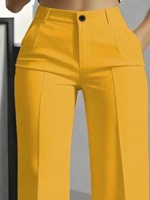 Women's Minimalist Casual Solid Color Pleated Slant Pocket Straight Leg Pants Spring Yellow - Yellow - View 2