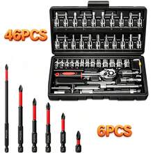 52pcs Included 46PCS Auto Repair Tool Mixed Set And 6PCS High Hardness Cross Screwdriver Head Set, , Home Repair Tool Kit, Ratchet Torque Wrench, Wrench, Screwdriver, Sleeve Set Combination, Hardware Tool Set - 52PCS Mixed Tool - View 2