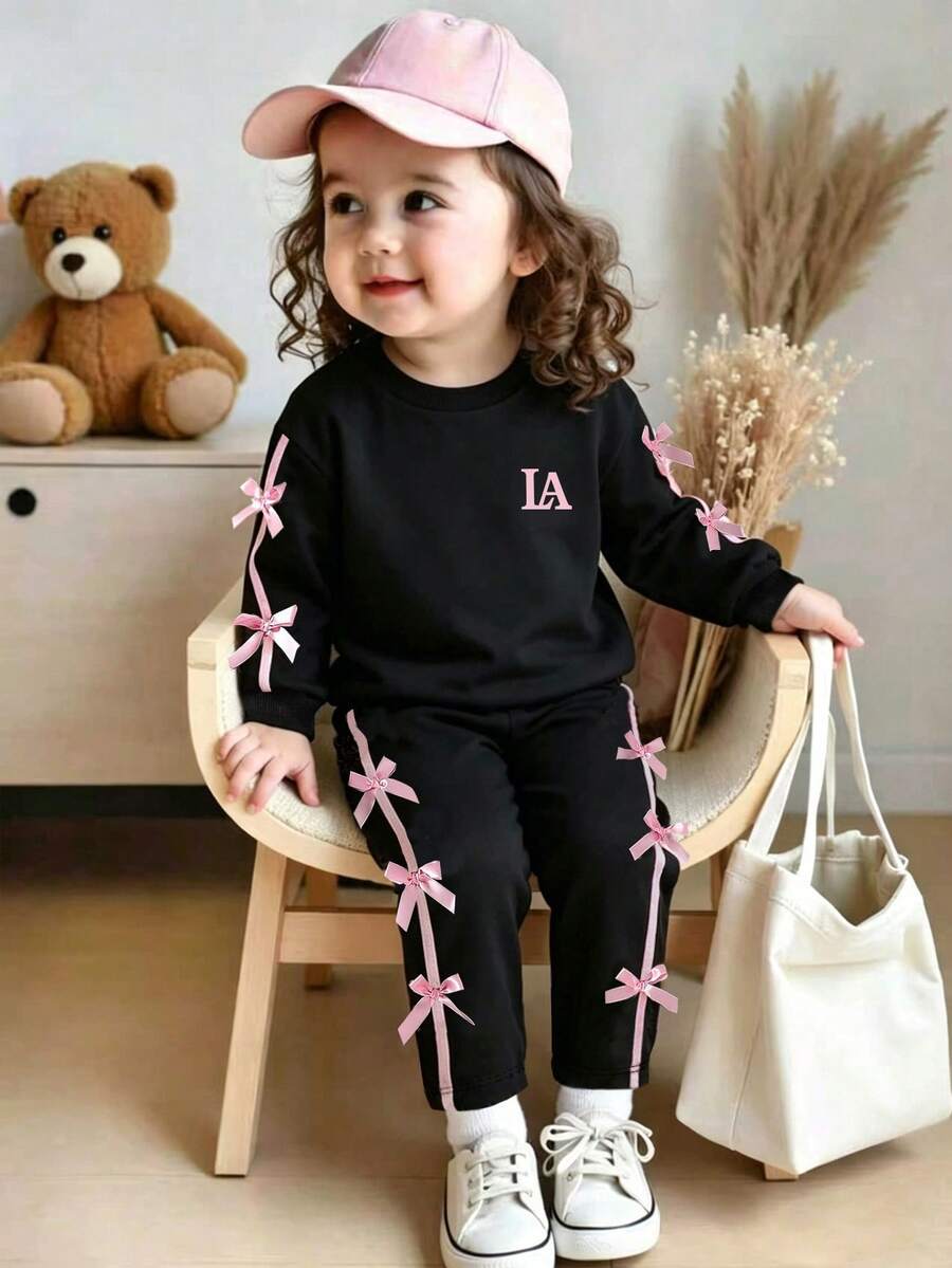 Baby Girl Ribbon Bow Decor Round Neck Long Sleeve Top And Pants Set - Black - View 1