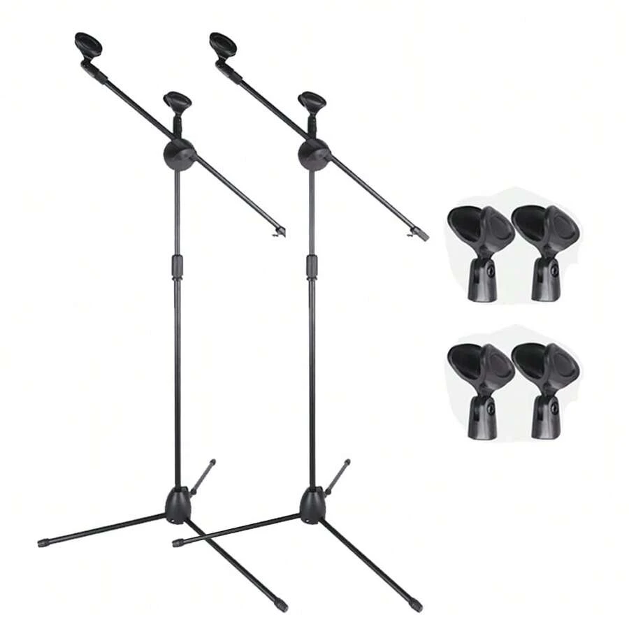 Microphone Stand With 2 Mic Clips, Boom Arm Tripod Base, Height Adjustable 360 Degree Rotating For Live Streaming Singing Recording - Black - View 1