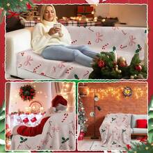 1pc Sweet Pink Christmas Bow Candy Cane Digital Print Flannel Blanket - Modern Style, Soft Polyester Knitted Fabric Comfortable For All Seasons, Multi-Purpose, Suitable For Sofa, Bed, Travel, Camping, Chair, Gift Blanket - Baby Pink - View 5