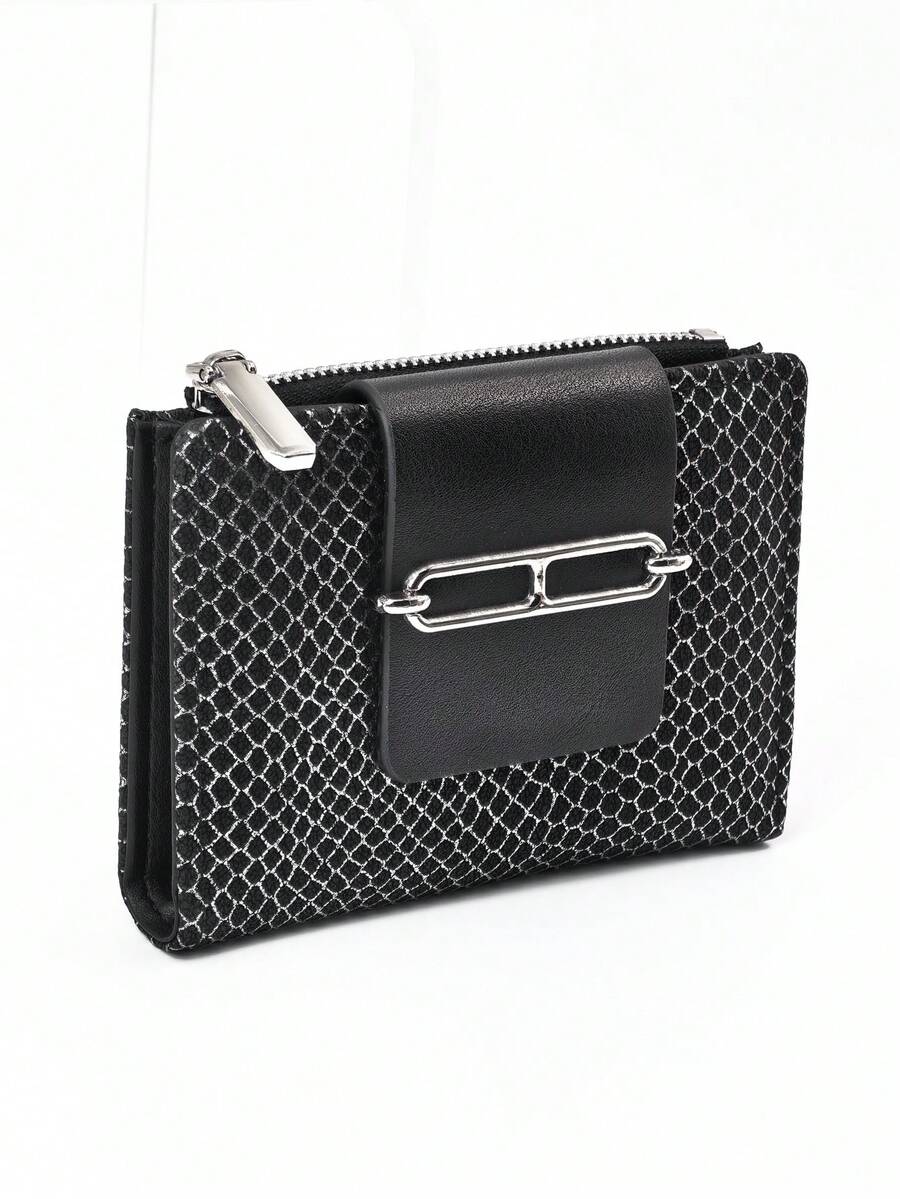 Women's Short Color-Block Patchwork Wallet, Fashion Leopard Print Multifunctional ID Holder, Exquisite Stylish Buckle Large Capacity Zipper Card Holder Coin Purse, Lightweight Fashionable Convenient To Carry Suitable For Holiday Gifts - Black - View 1