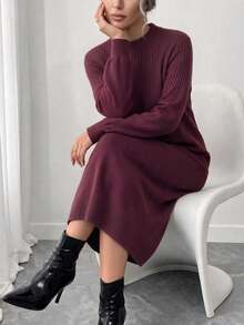 GIGOGOU New Arrival Autumn/Winter Long Knitted Sweater Dress, Casual Long Sleeve Loose Knit Dress - Red Violet - View 2
