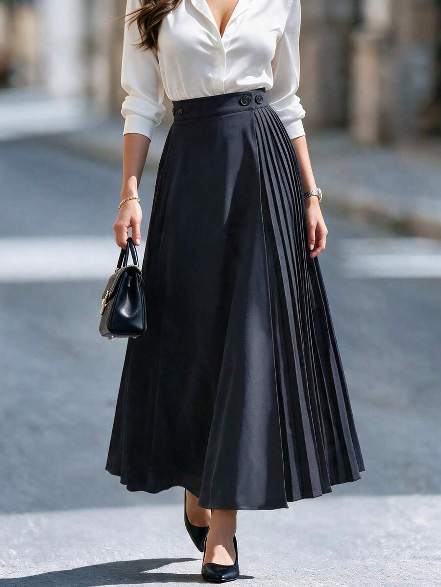 DONICY Women's Navy High Waist Side Button Pleated Splice Midi Skirt, Asymmetric Flowy A-Line Long Skirt For Fall Winter Office Daily Wear - Royal Blue - View 1