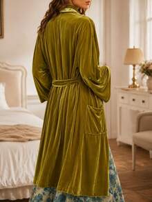 Scacto Women's Olive Green Velvet Long Robe Coat, Shawl Collar Belted Kimono Cardigan With Pockets, Elegant Loose Fit Vintage Boho Loungewear Outerwear - Olive Green - View 4