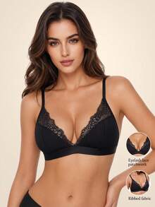 Women's Fashion Solid Color Sexy Eyelash Lace Spaghetti Strap Backless Comfortable Bra - Black - View 1