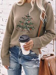 Christmas Tree & Sleigh Print Plus Size Women's Casual Fashion Warm Faux Cashmere Sweater (Autumn/Winter/Thanksgiving) - Earth Gray - View 2