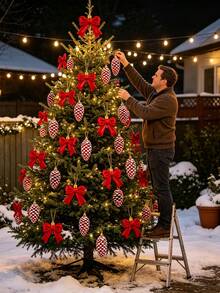 17pcs/Set Christmas Red Bow Hanging Decorations, Christmas Tree Decor, Plastic Bow Hanging Balls, Suitable For Indoor And Outdoor Party Decoration, Christmas Ball Hanging Ornaments - A - View 1