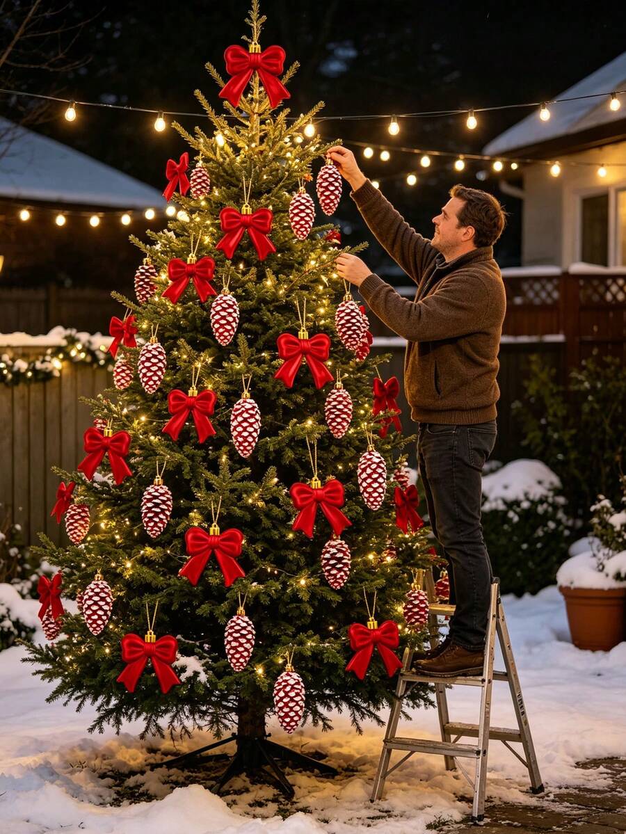17pcs/Set Christmas Red Bow Hanging Decorations, Christmas Tree Decor, Plastic Bow Hanging Balls, Suitable For Indoor And Outdoor Party Decoration, Christmas Ball Hanging Ornaments - A - View 1
