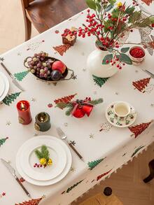 MineLain 1pc Merry Christmas Party Tablecloth, Red And Green Christmas Tree Pattern, Rectangular Dining Table Cloth, Beige Tassel Decoration, Coffee Table, Bedside Cabinet, Cupboard Cover, Tabletop Decor, Holiday Decoration, Living Room, Room Decor, Suitable For Gathering, Dinner, Holiday, Party Decoration, Christmas Gift, Christmas Decoration, Autumn/Winter Decor - Multicolor - View 8