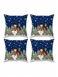 1/2/4pcs Vintage Christmas Night Scene Pillow Covers, Snowman & Forest Animal Pattern, Cozy Winter Home Decor Cushion Cases - Multicolor - View 12