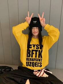 Japanese Streetwear Women's Crew Neck Sweatshirt, Minimalist Letter Print, Autumn Lazy Loose Versatile Top - Yellow - View 2