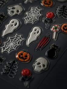 1pc Full‑Size Nail Stickers,5D Embossed Design,Skull Ghost Pumpkin Black Cat Spider Web Bat Pattern,Waterproof Self‑Adhesive,For Halloween Party DIY Nail Art Decorations - Multicolor - View 4