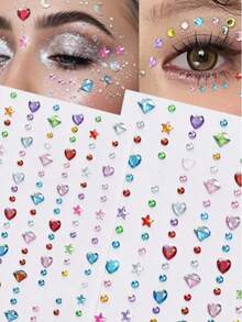Rainbow Color 3D Glitter Gem Stickers, 2pcs Shiny Heart & Star Shaped Sequin Stickers Self-Adhesive Rhinestone Design Suitable For Makeup & Clothing, Multi-Color Diamond Face Decoration Suitable For Valentine's Day Holiday Party Events - Multicolor - View 2