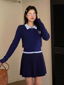 College Style Contrast Color Polo Collar Cable Knit Single-Breasted Embroidered Cardigan Top - Navy Blue - View 5