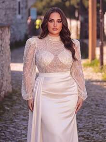 Gaun Malam Formal Model Ekor Duyung dengan Kerah Manik-Manik Glamor Ukuran Plus Haute Glamour - Sampanye - View 4