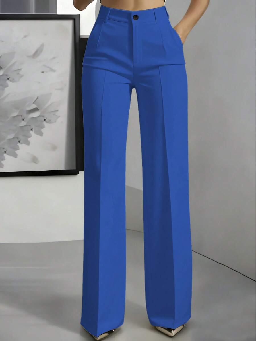 Women's Long Straight Leg Pants, Made Of Polyester, With Button & Zipper Closure, Pockets, Slightly Stretchy Fabric Spring - Blue - View 1