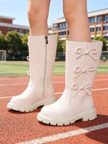 1 Pair High-Top Chelsea Boots, Soft PU Bow + Elastic Soft Sole Height Increase, Inner Zipper Design, Fashion Princess Style Long Boots, Suitable For Daily Wear, School, Holidays, Autumn/Winter New - Apricot - View 5