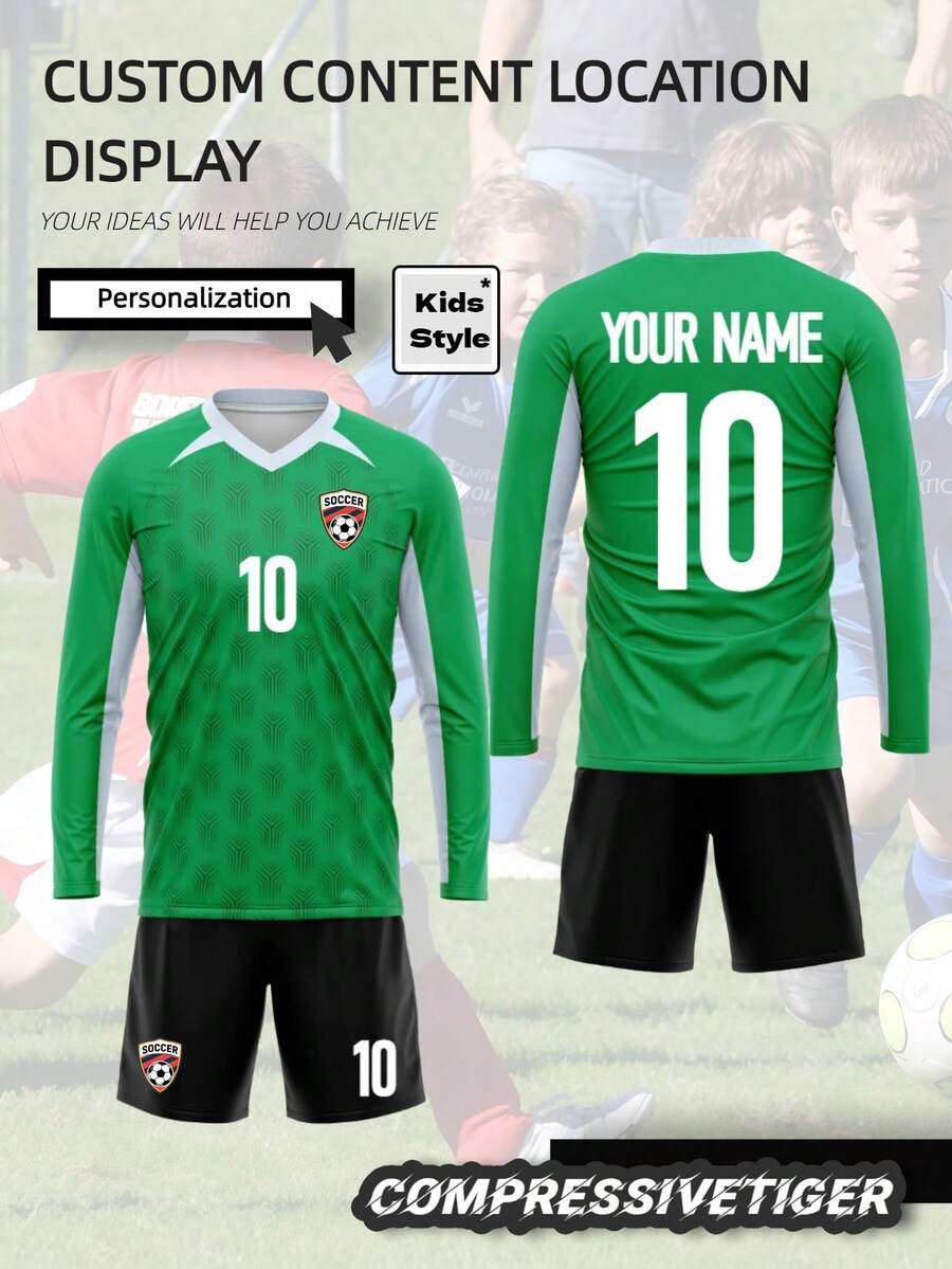 2pcs/Set Seragam Sepak Bola Anak Laki-laki yang Dipersonalisasi - Kaos Lengan Pendek Bergaris dengan Cetak Nama dan Nomor yang Dapat Disesuaikan + Celana Pendek, Pakaian Olahraga Cepat Kering dan Menyerap Keringat, Cocok Sebagai Hadiah - Hijau - View 1