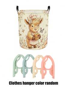 Cute Highland Cow Floral Print Laundry Hamper, Collapsible Large‑Capacity Storage Basket With Handles, Clothing Storage, Unisex, Daily Home & Dorm Essential - Multicolor - View 19