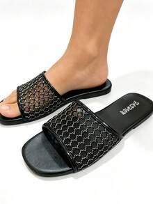 Women's Mesh Embroidered Slip-On Slippers, Summer Fashion Flat Sandals For Commuting, Home And Outdoor Wear, Black - Black - View 5