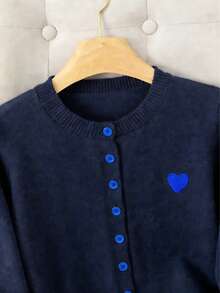 Premium Contrast Color Knit Cardigan Jacket For Women, Spring/Autumn/Winter, Soft Royal Blue Sweater, Heart-Shaped Ribbed Embroidery Buttons, College Style, Home Wear, Inner Layer/Outer Wear Top - Navy Blue With Blue - View 3