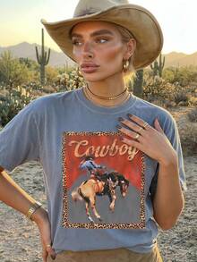 Vintage Cowboy Print Washed Cotton T-Shirt - Grey - View 5