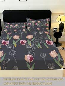 1 Buah Sprei Fitted Motif Tulip Geometris Elegan (Hanya Sprei, Tanpa Sarung Bantal), Kain Poliester 100% Lembut dan Nyaman, Cocok untuk Kamar Tidur, Kamar Tamu, Asrama Sekolah, Pelindung Kasur Sepanjang Musim - MultiWarna - View 5