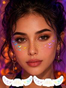 2PCS Holographic Bat Face Temporary Tattoo Sticker, Waterproof Iridescent Rainbow Face Tattoo, Halloween Cosplay Party Body Art Makeup Stickers For Women - Multicolor - View 2