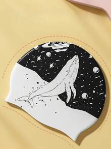 1pc Whale Print Decor Professional Silicone Swim Cap Large Size Comfort Fit Waterproof Long Hair Protection Unisex Adult Swimming - Black - View 1