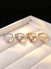 1pc Women's Royal Crown Style Cubic Zirconia Inlaid Ring, Luxury Hollow Design, Party Gathering Atmosphere Accessory, Stackable Finger Ring - Ring - View 5