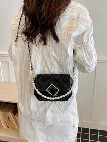 Black Small Square Pearl Bracelet Bag, Exquisite Luxury Crossbody Bag For Dating And Commuting, Women's Handbag - Black - View 4