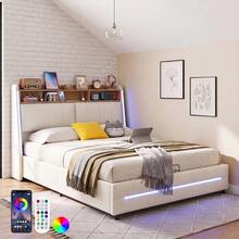 Modern Double Bed Frame 137x190cm, Upholstered Platform Bed With RGB LED Headboard And Storage Shelf, White Bed With Wood Slats, APP & Remote Control LED Lights, No Box Spring Required - White - View 2