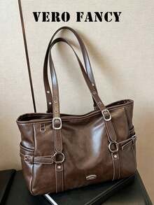 American Retro Shoulder Tote Bag With Metal Buckle Decoration On The Side, And Personalized, Suitable For Commuting And Daily Travel - Coffee - View 2