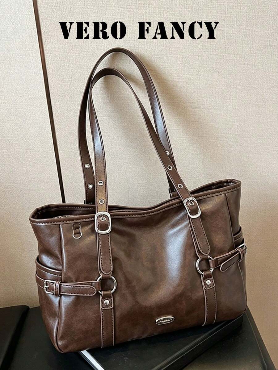 American Retro Shoulder Tote Bag With Metal Buckle Decoration On The Side, And Personalized, Suitable For Commuting And Daily Travel