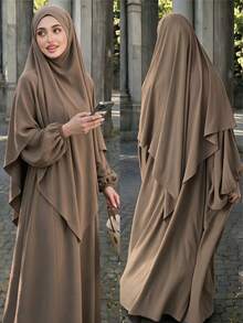 Modest Abaya Two‑Piece Set, Bubble Long Sleeve Maxi Dress With Matching Hijab, Casual Loose Muslim Women Outfit - Multicolor - View 11