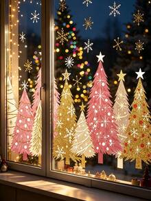 Christmas Window Stickers Decals White Green Gold Christmas Tree Snowflake Reusable Anti-Collision Window Decoration Winter Home Glass Mirror Decoration Room Decor Christmas Decor Christmas Home Decor - Multicolor - View 2