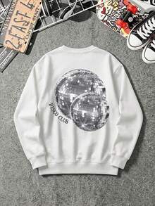Autumn Men's Thin Crewneck Sweatshirt With Disco Ball Print And DISCO CLUB Text, Back Large Graphic, Silver Design,Y2K - White - View 2