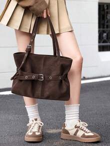 Women's Vintage Style Faux Leather Shoulder Bag, Motorcycle Design, Large Capacity Tote Bag, With Metal Buckle, Fashion Commuter Handbag - Multicolor - View 2