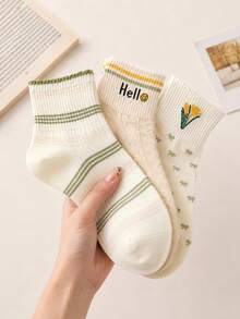 1/3 Pasang Kaos Kaki Wanita Setengah Betis dengan Manset Berkerut, Katun Lembut dan Bernapas, Motif Garis Bunga dan Wajah Tersenyum, Gaya Pastoral Hutan, Mode Sehari-hari, Paket Multi - MultiWarna - View 2