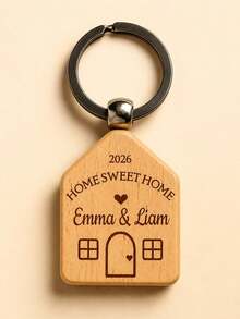 1pc Personalized Wooden House Keychain, Custom Engraved Name & Text Key Ring, Suitable For Couples And Families, Valentine's Day, Anniversary And Housewarming Gift - Multicolor - View 4