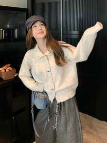 Women's Autumn/Winter New Lace Collar Patchwork Knit Cardigan Top - Apricot - View 7