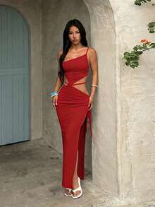 WOWDARK Summer Dress, Red Sexy Asymmetric Neckline Ruched Drawstring Waist Hollow Out Slit One Shoulder Elegant Dress For Women Fall Wedding Party - Red - View 2