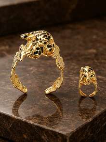 Letingsha Gold-Plated Black Enamel Leopard Print Cufflinks Bracelet And Open Ring Set, Luxury Animal-Shaped Jewelry, Suitable For Women, Perfect For Weddings, Banquets And Daily Party Accessories - Yellow Gold - View 8