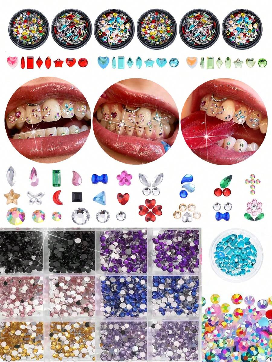 1 Set/25pcs Aksesoris Pakaian Pesta Liburan, Set Rhinestone Berkilau untuk Gigi yang Dipersonalisasi, Cocok untuk Sehari-hari, Pesta, Hari Valentine, Acara Kumpul-kumpul, Unisex (Lem Tidak Termasuk, Kotak Termasuk) - Set 25 Buah Warna-warni 1 - View 1