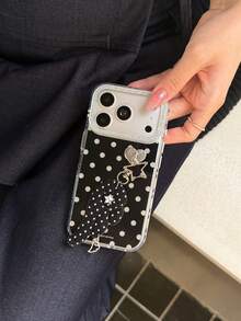 Electroplated Silver Polka Dot Cute Girl Phone Case Compatible With Iphone 17 Pro Max 16 Pro 17 Full Coverage Anti-Drop Protective Cover With Wing Pendant For 15 14 - Black - View 16